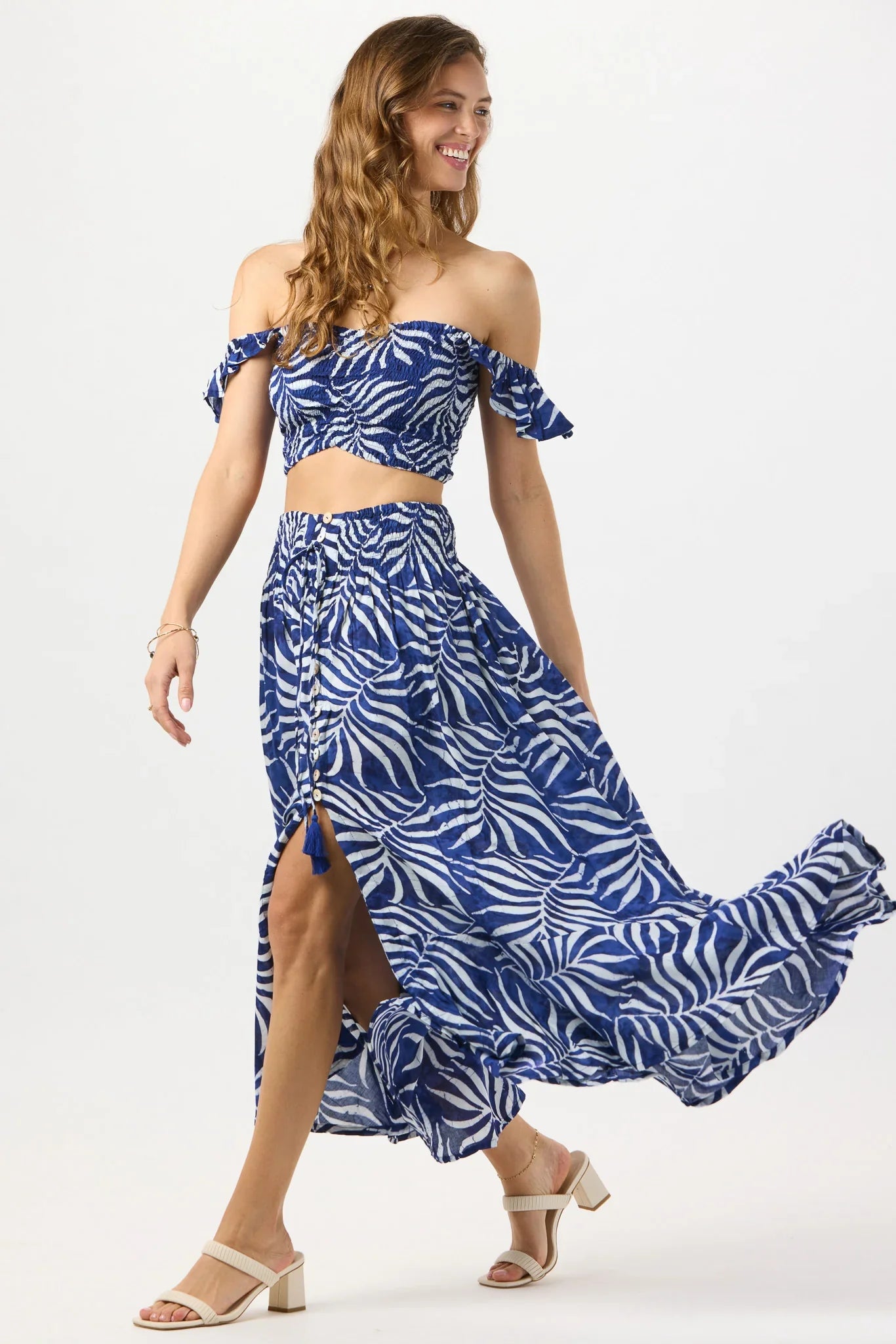 Tiare Hawaii Dakota Skirt - Batik Swaying Palms Navy