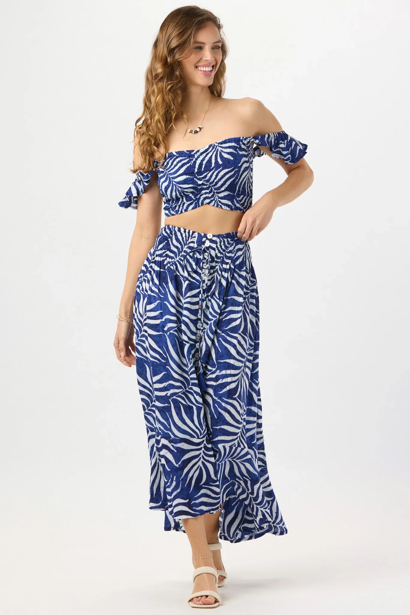 Tiare Hawaii Dakota Skirt - Batik Swaying Palms Navy