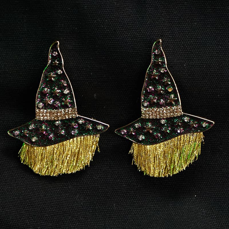 Cracker Barrel Fringe Witch Hat Earrings - Gold