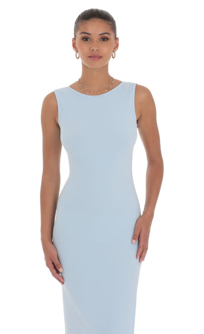 Lucy in the Sky Open Back Bodycon Maxi Dress in Light Blue