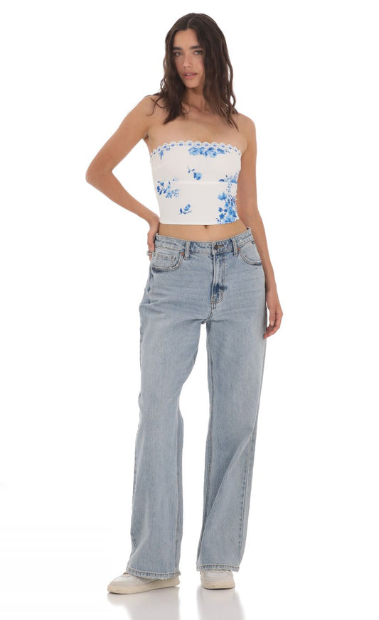 Lucy in the Sky Strapless Floral Top in White