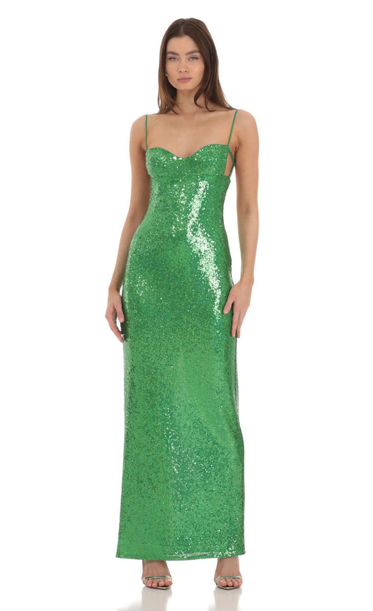 Lucy in the Sky Sequin Open Back Maxi Dress in Green