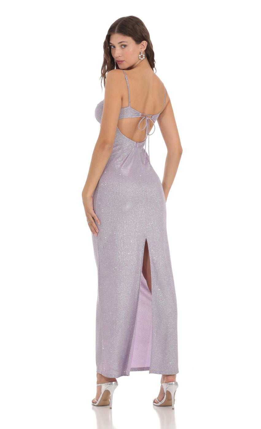 Lucy in the Sky Shimmer Back Slit Bodycon Dress in Lavender