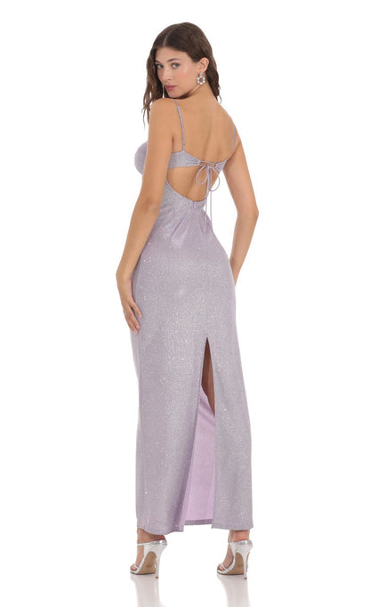 Lucy in the Sky Shimmer Back Slit Bodycon Dress in Lavender