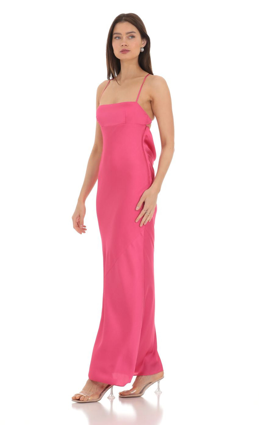 Lucy in the Sky Satin Open Back Maxi Dress in Pink
