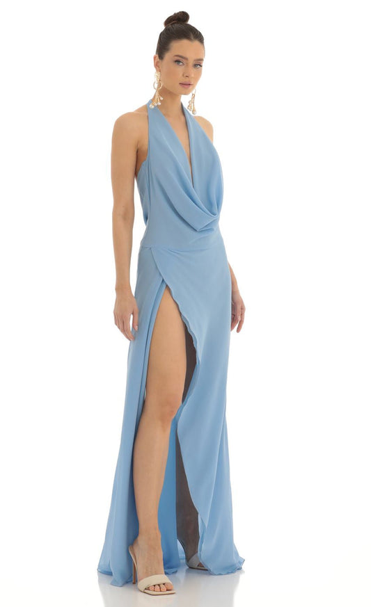 Lucy in the Sky Draped Open Back Maxi Dress in Blue