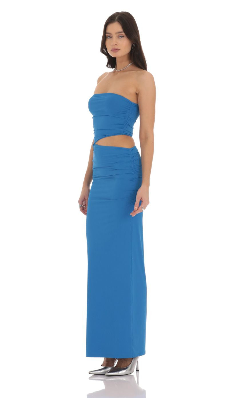 Lucy in the Sky Strapless Cutout Maxi Dress in Blue