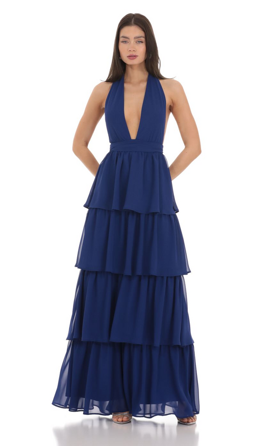 Lucy in the Sky Chiffon Plunge Ruffle Dress in Blue