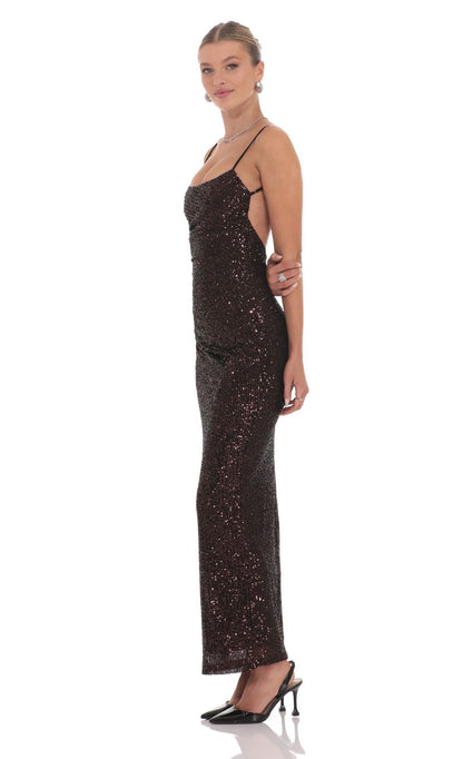 Lucy In The Sky Copper Sequin Bodycon Maxi Dress in Black