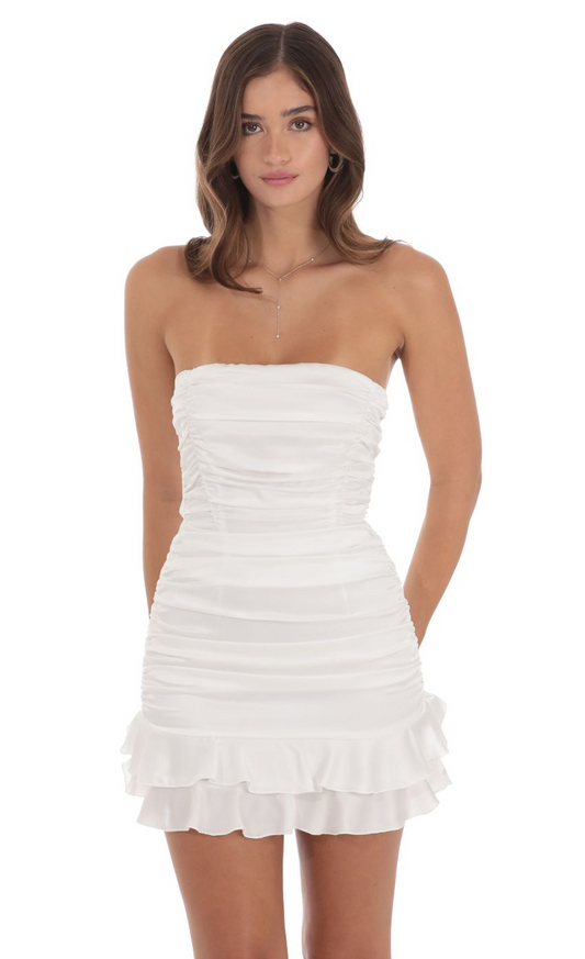 Lucy in the Sky Strapless Satin Ruched Bodycon Dress