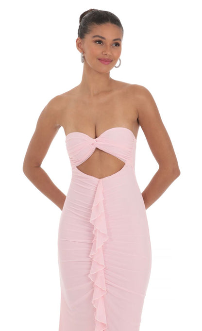 Lucy In The Sky Mesh Cutout Ruffle Maxi Dress in Pink
