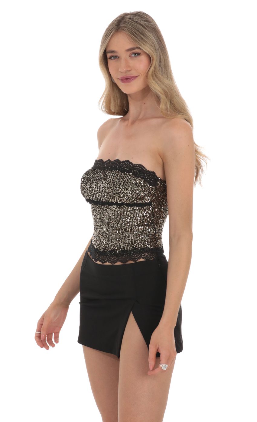 Lucy in the Sky Strapless Gold Sequin Top in Black