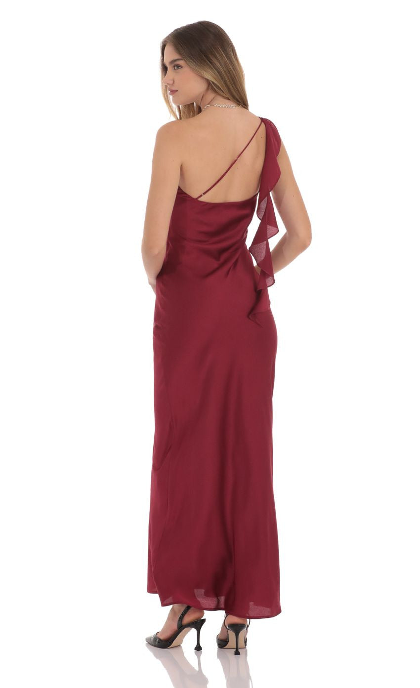 Lucy in the Sky Satin One Shoulder Tassel Maxi Dress
