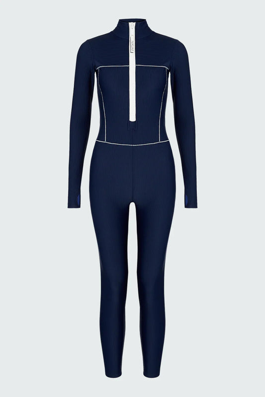 Watskin Sunwear Rae Ribbed Catsuit in Marine Navy