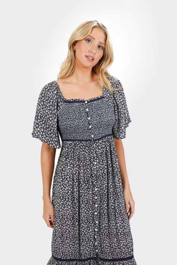 Tobi Maeve Smocked Buttoned Midi Dress
