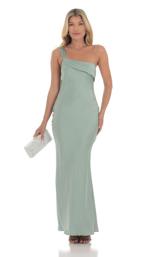 Lucy in the Sky Satin One Shoulder Tassel Maxi Dress