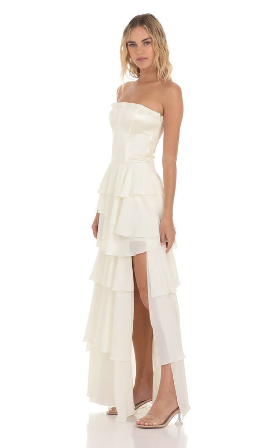Lucy in the Sky Corset Ruffle Strapless Maxi Dress in Cream
