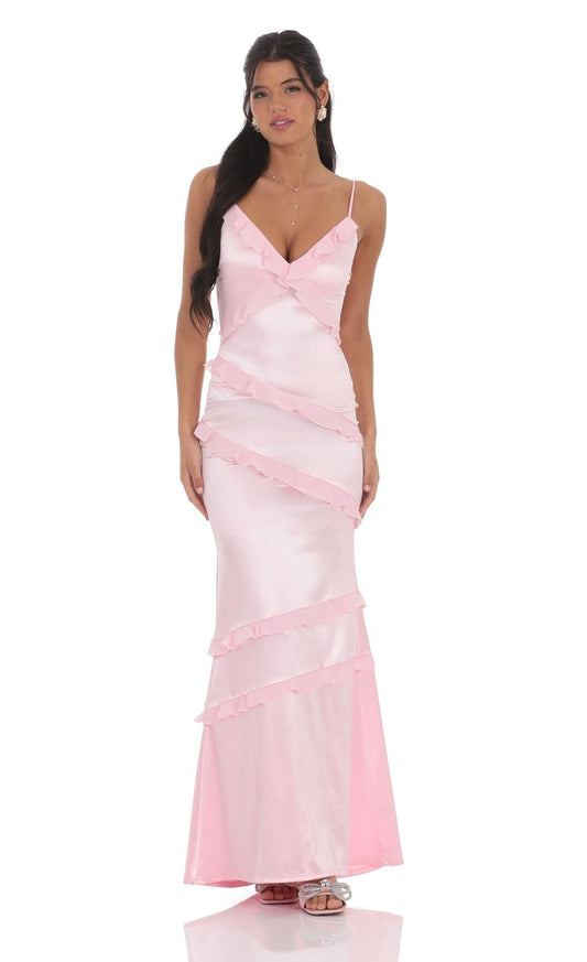 Lucy In The Sky Satin V-Neck Ruffle Mermaid Maxi Dress in Pink