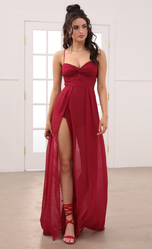 Lucy in the Sky Taylor Front Twist Chiffon Maxi Dress in Burgundy