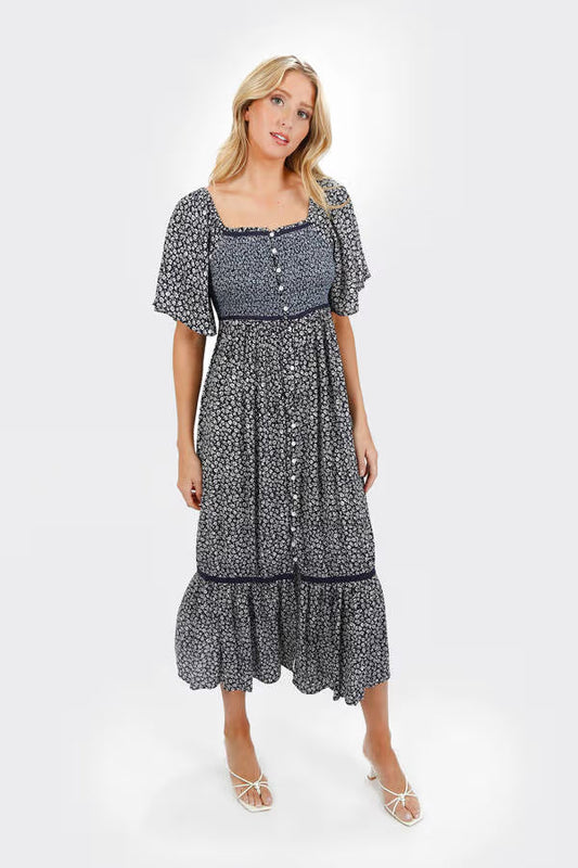 Tobi Maeve Smocked Buttoned Midi Dress