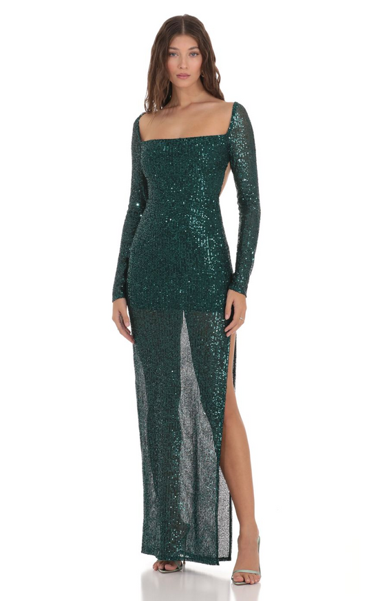 Lucy in the Sky Sequin Open Back Dress in Green