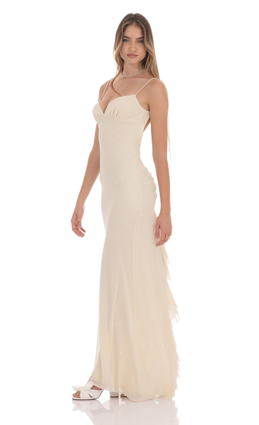 Lucy In The Sky Rhinestone Mesh Open Back Maxi Dress in Beige