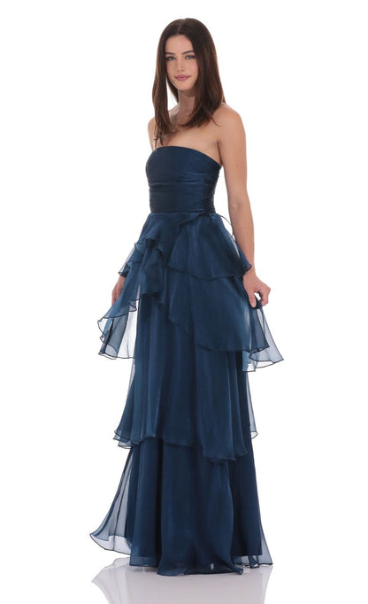 Lucy In The Sky Corset Petal Ruffle Strapless Maxi Dress in Navy