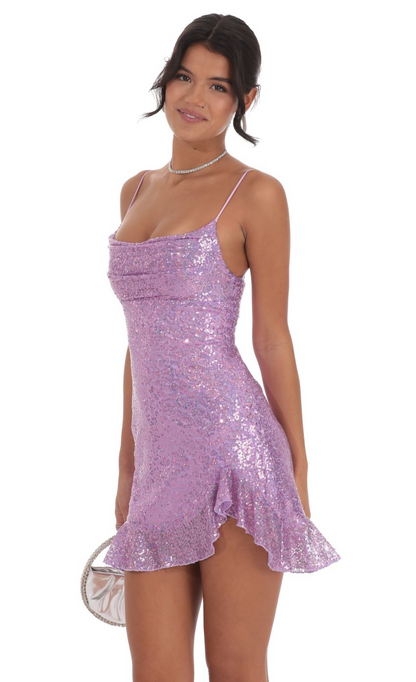 Lucy in the Sky Sequin Ruffled Slit Dress in Lavender