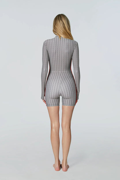 Watskin Sunwear Andie Short Bodysuit in Neutral Herringbone