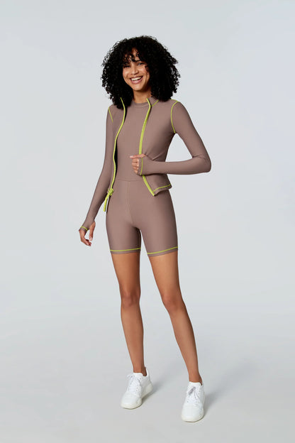 Watskin Sunwear Reiley Sleeveless Short Bodysuit in Taupe