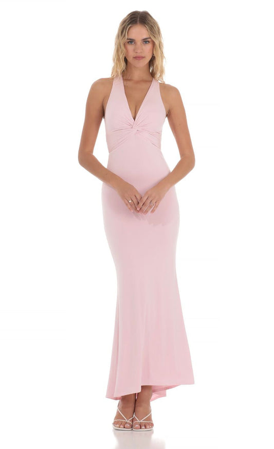 Lucy in the Sky Twist V-Neck Maxi Dress in Pink
