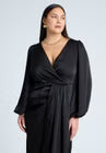 ELOQUII Satin Puff Sleeve Pleated Dress - Black Onyx