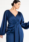 ELOQUII Satin Puff Sleeve Pleated Dress - Estate Blue