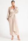 ELOQUII Satin Puff Sleeve Pleated Dress - Light Tan