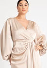 ELOQUII Satin Puff Sleeve Pleated Dress - Light Tan
