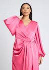 ELOQUII Satin Puff Sleeve Pleated Dress - Cone Flower