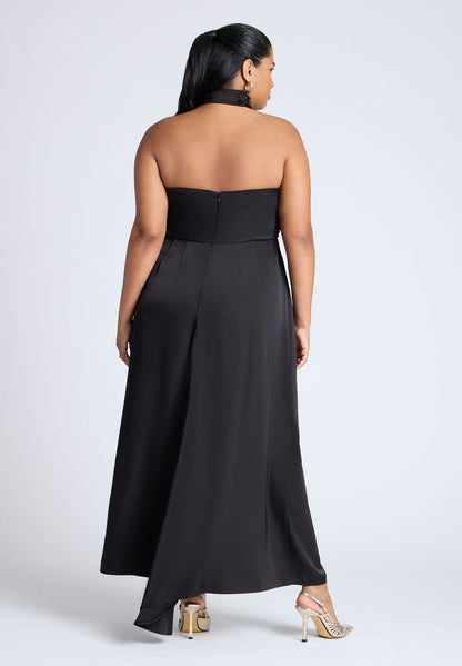 ELOQUII Halter Neck Satin Maxi Dress - Black Onyx
