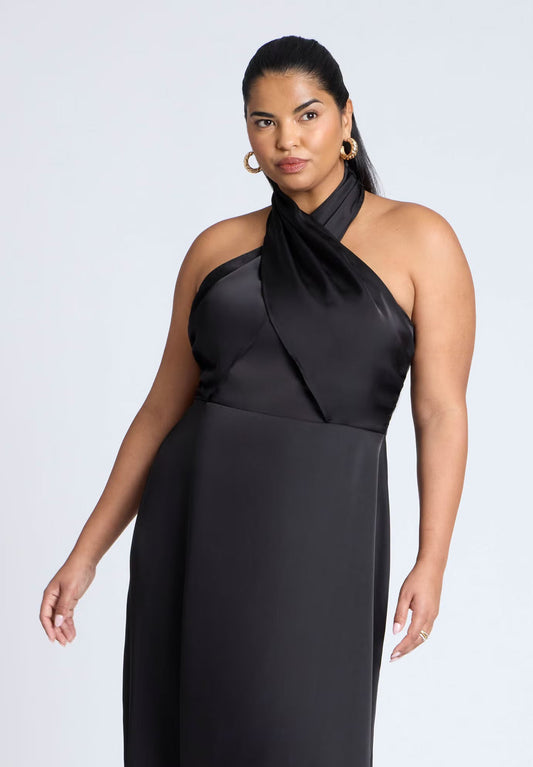 ELOQUII Halter Neck Satin Maxi Dress - Black Onyx