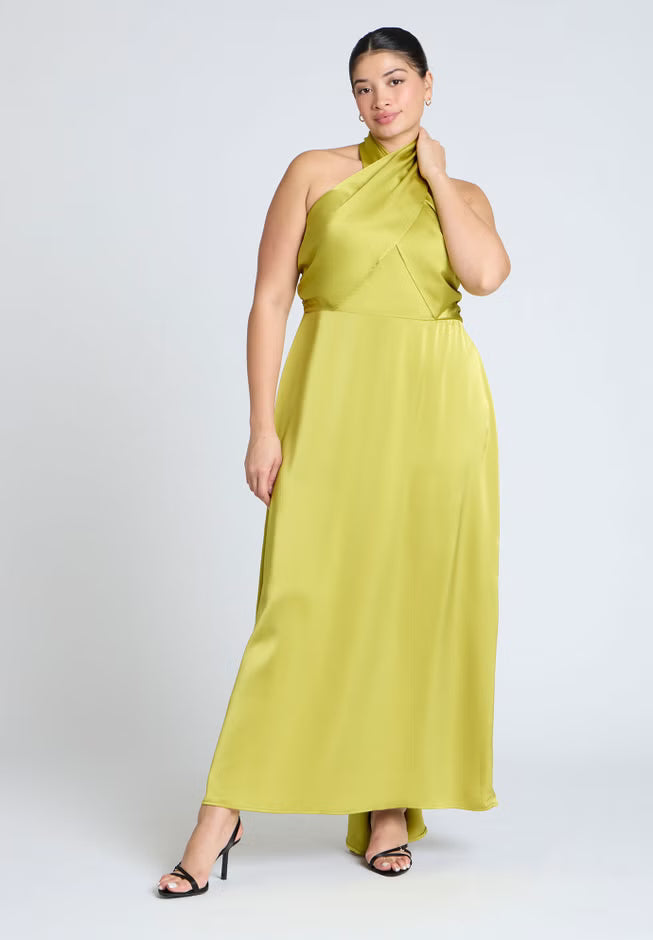ELOQUII Halter Neck Satin Maxi Dress - Warm Olive