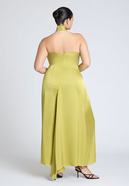 ELOQUII Halter Neck Satin Maxi Dress - Warm Olive