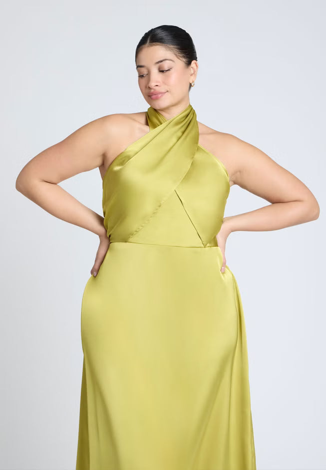 ELOQUII Halter Neck Satin Maxi Dress - Warm Olive