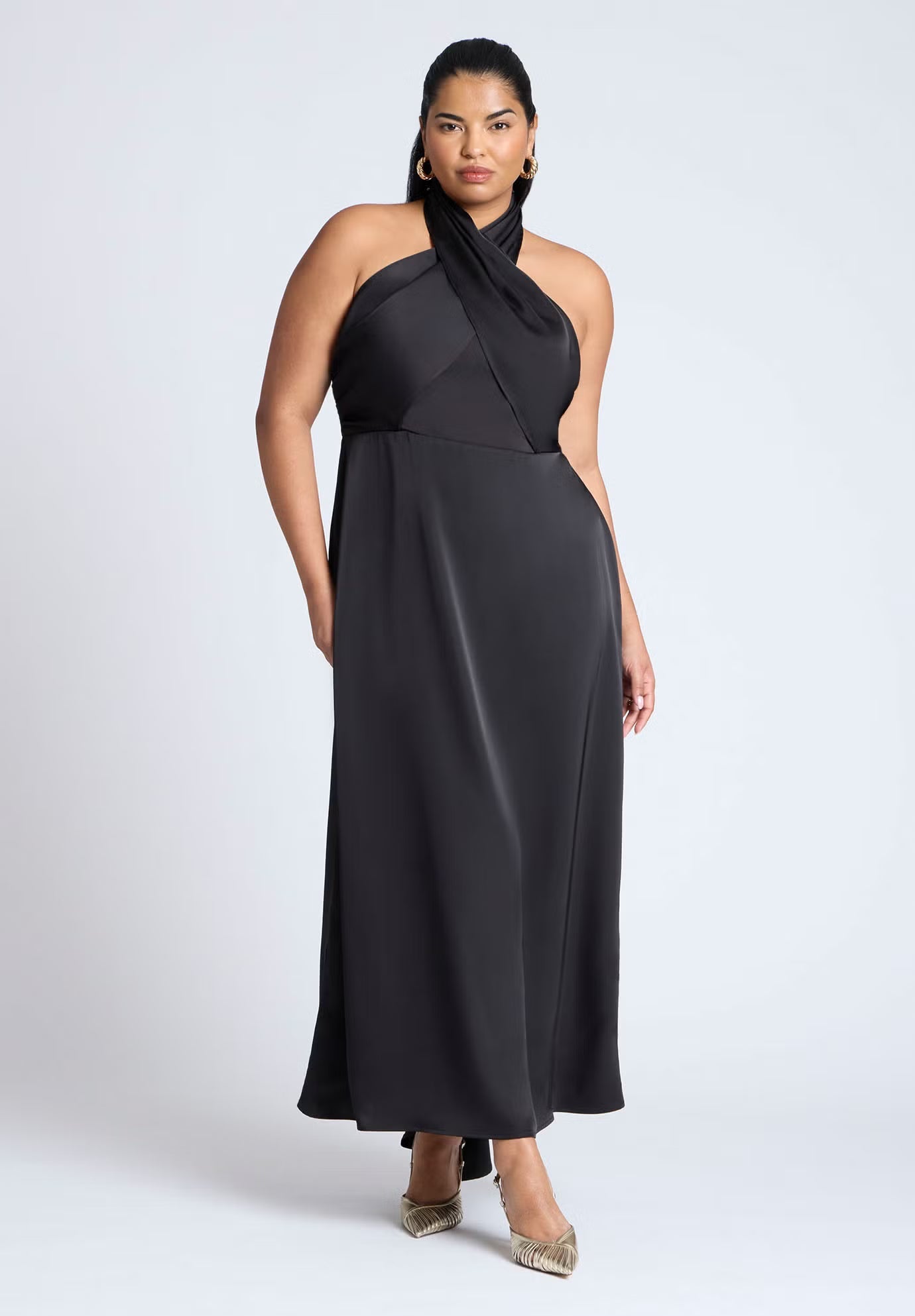 ELOQUII Halter Neck Satin Maxi Dress - Black Onyx