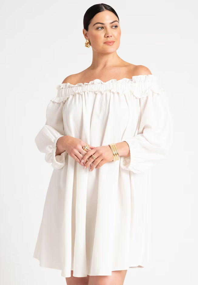 ELOQUII Ruffle Neckline Mini Dress - Sugar Swizzle