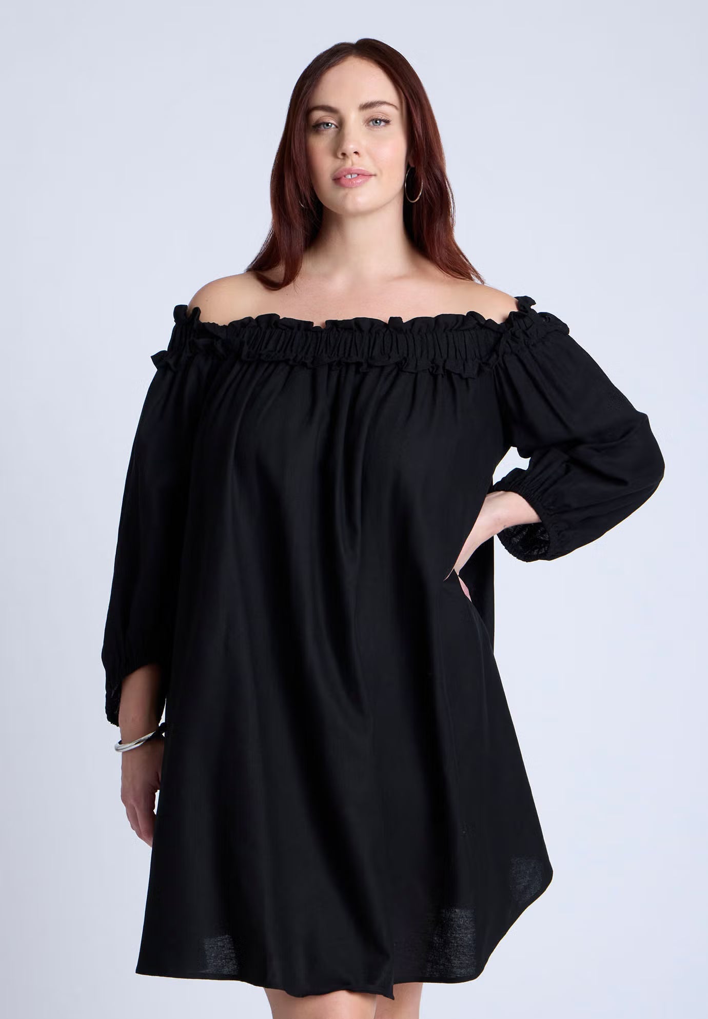 ELOQUII Ruffle Neckline Mini Dress - Black Onyx