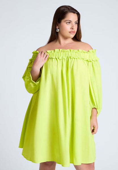ELOQUII Ruffle Neckline Mini Dress - Wild Lime