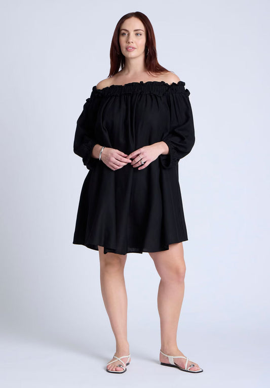 ELOQUII Ruffle Neckline Mini Dress - Black Onyx