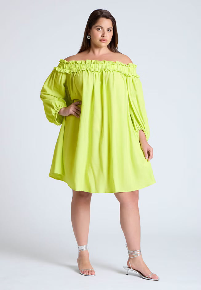 ELOQUII Ruffle Neckline Mini Dress - Wild Lime