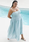 ELOQUII Smocked Tiered Maxi Dress - Light Blue Green Stripe