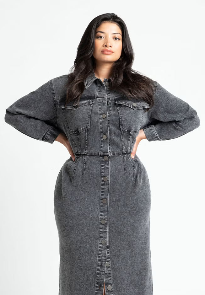 ELOQUII Denim Fitted Dress - Black Rinse