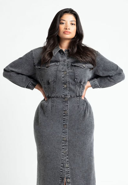 ELOQUII Denim Fitted Dress - Black Rinse